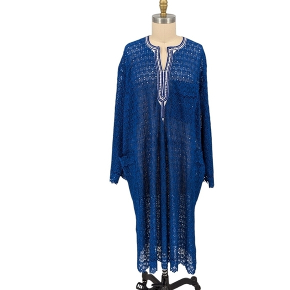 Vintage Women's Lace Kaftan Cover Up Tunic Dress Blue OS retro bohemian resort - Picture 1 of 8
